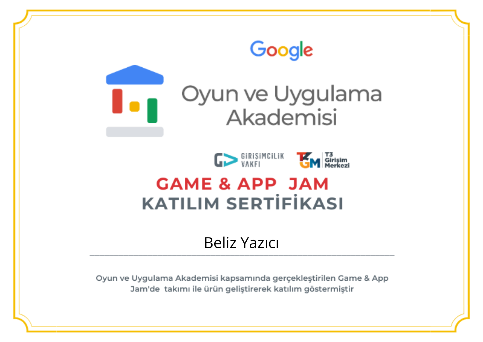Game Jam Certificate